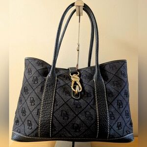Dooney & Bourke Logo Lock Black Canvas/Leather Bag with Gold Accents, EUC